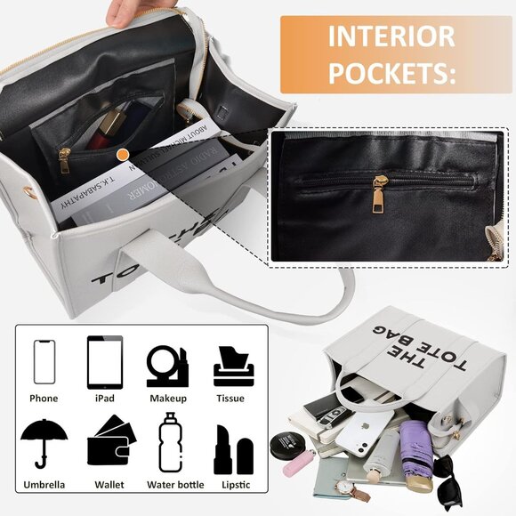 Women Pu-white Personalized Canvas With Zipper Top-handle Crossbody Tote Handbag - Picture 4 of 6